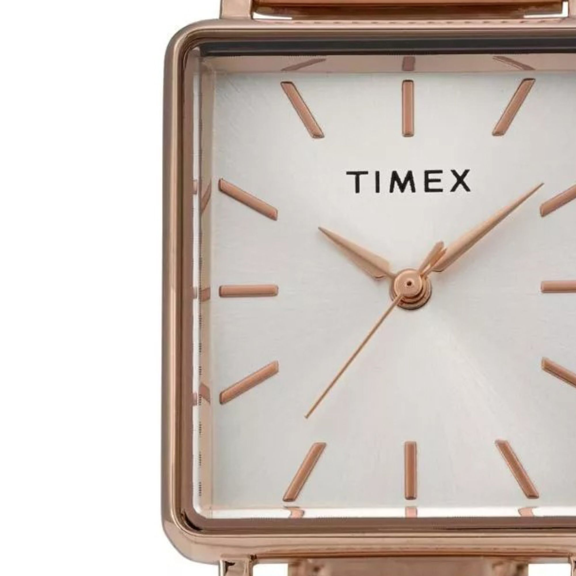 Zegarek damski Timex z jasną, srebrną tarczą oraz wskazówkami i indeksami w kolorze różowego złota