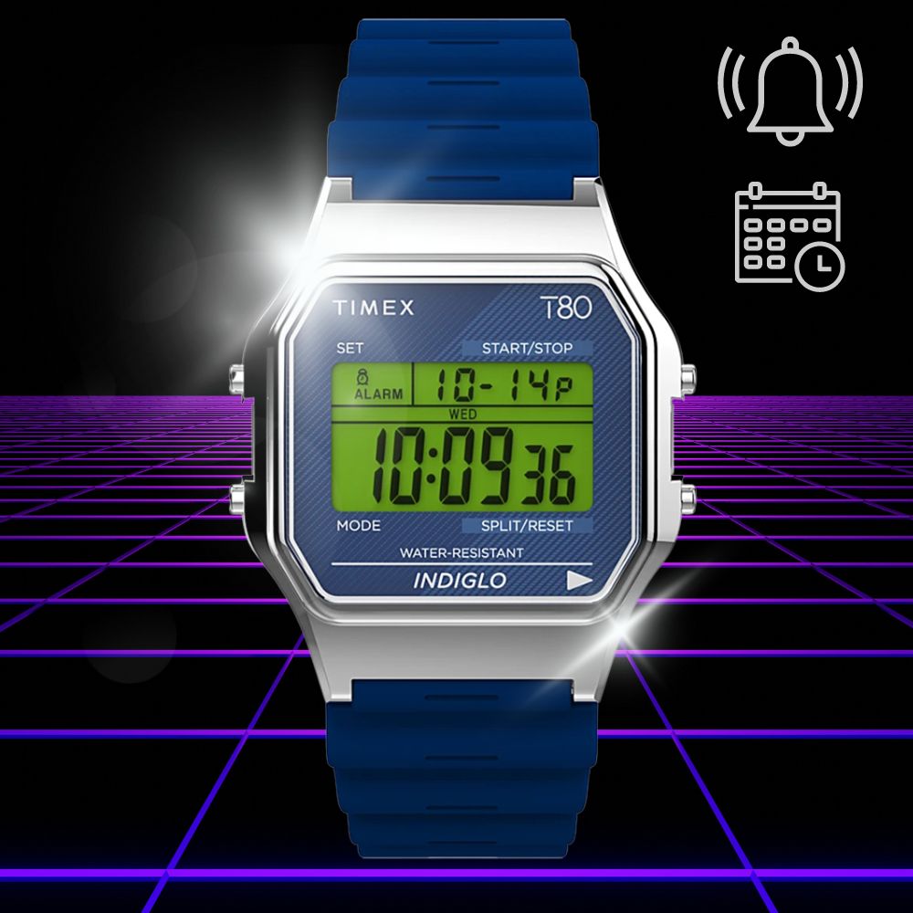 Datownik i alarm w zegarku Timex T80 w niebieskiej odsłonie
