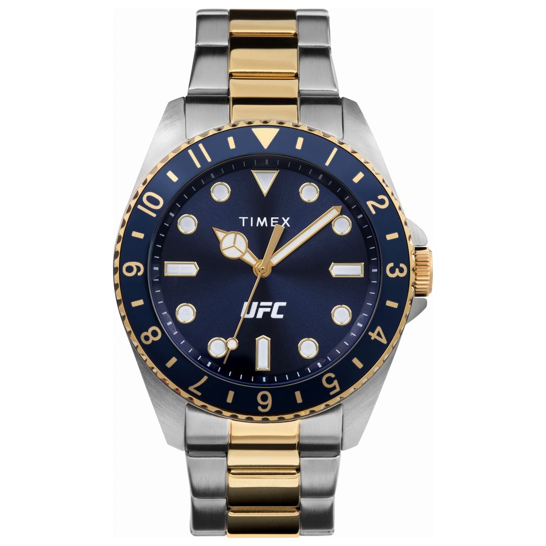 Zegarek Timex z granatową kopertą ze szlifem słonecznym, indeksami z masą luminescencyjną oraz logiem UFC