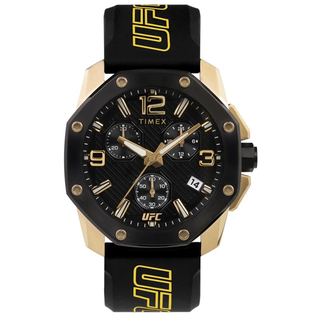 Zegarek Timex z czarno-złotą kopertą oraz czarną tarczą z subtarczami chronografu, datownikiem i złotymi indeksami