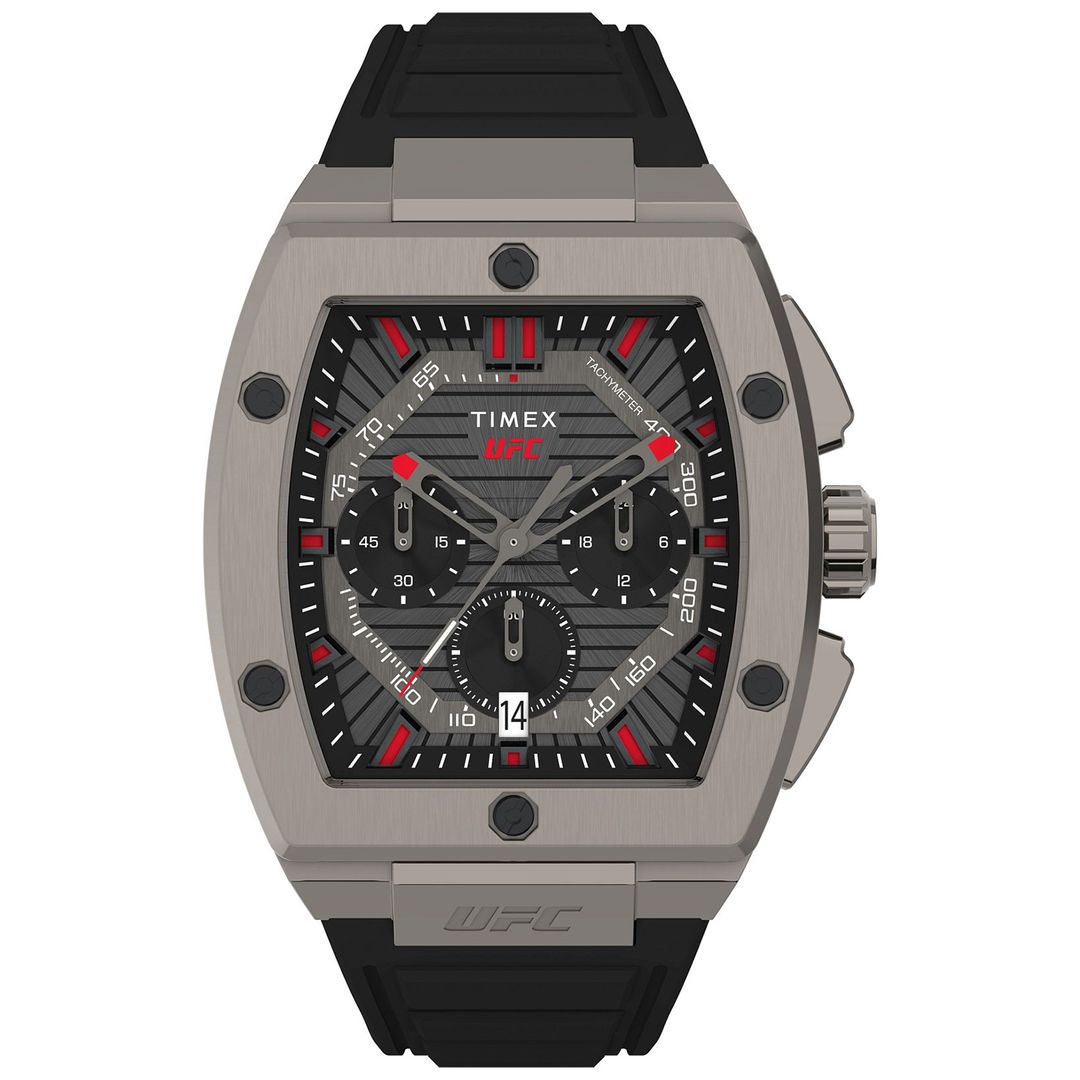 Zegarek Timex z szarą, masywną tarczą o prostokątnym kształcie oraz czarnym paskiem z silikonu