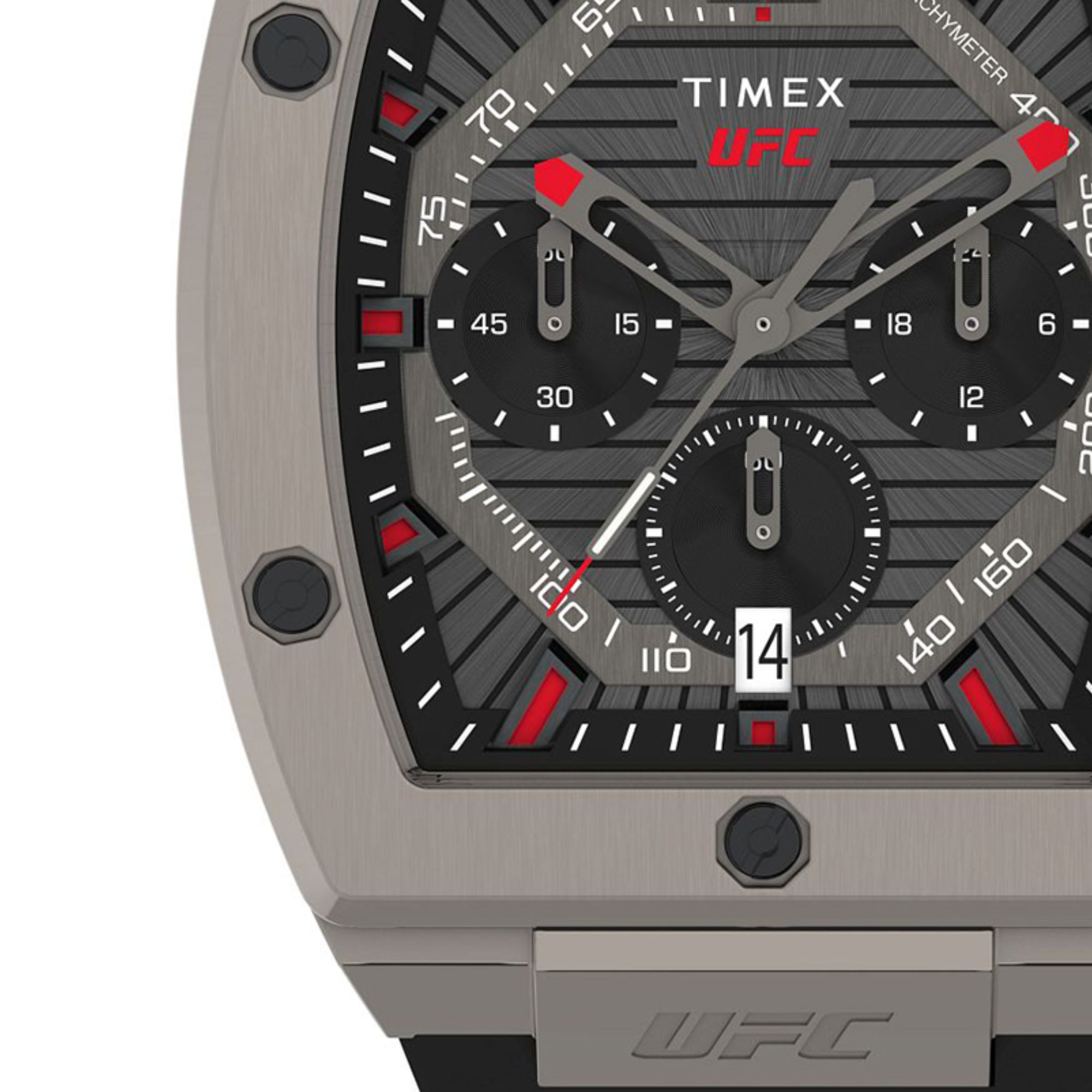 Zegarek marki Timex z szaro-czarną tarczą, subtarczami, datownikiem oraz czerwonymi detalami