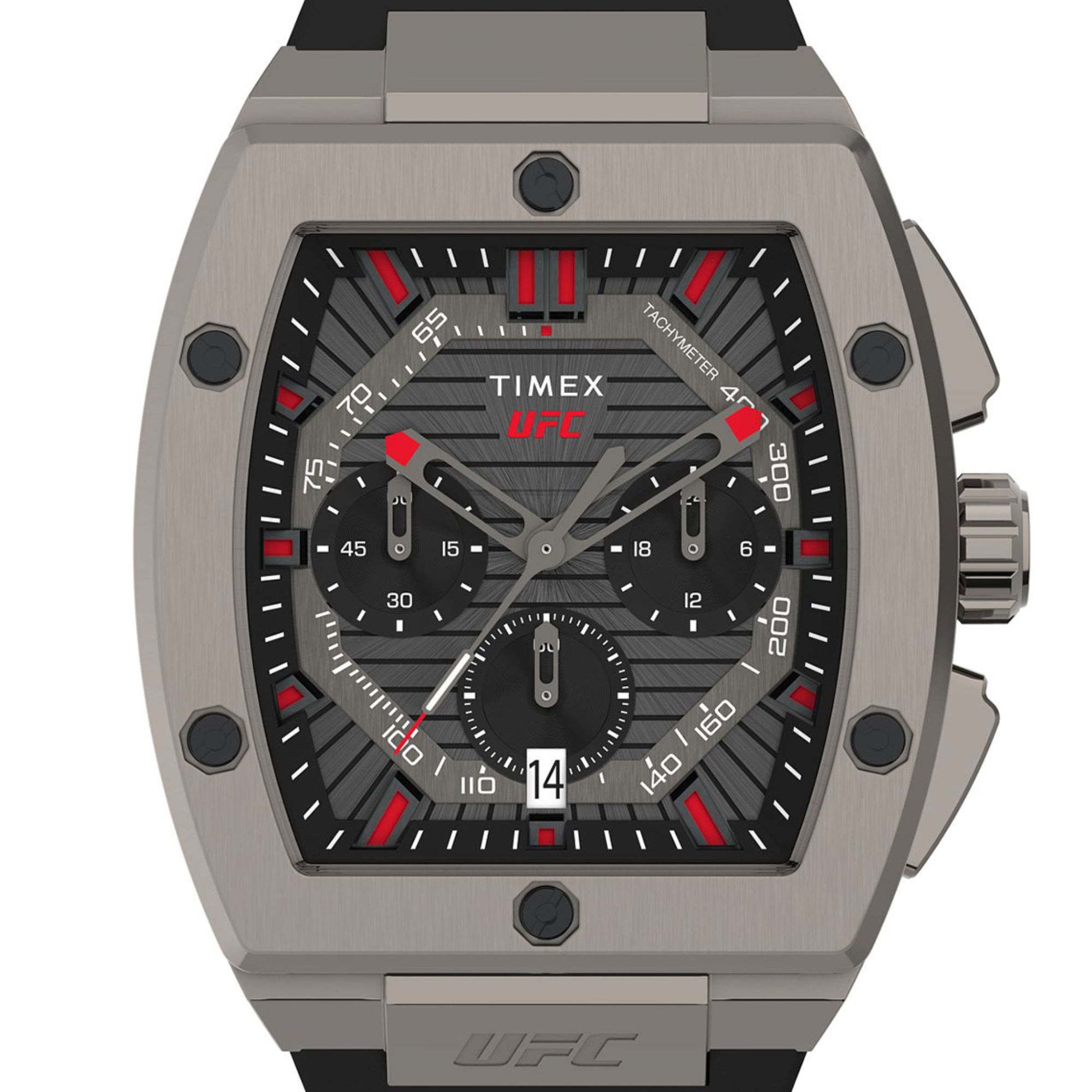Zegarek Timex z masywną kopertą ze stali w szarym odcieniu oraz tarcza w szaro-czarnym kolorze z czerwonym akcentem