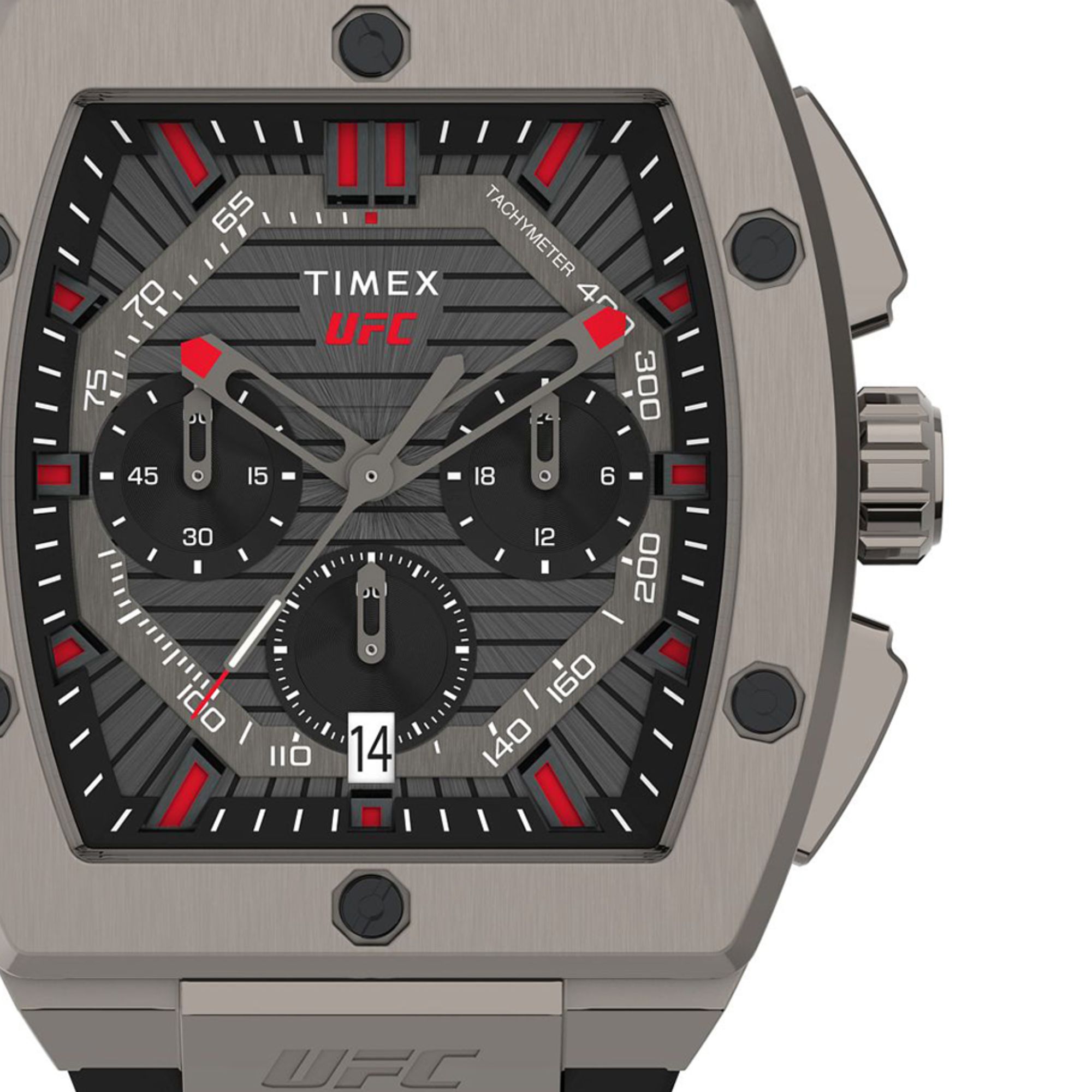 Zegarek Timex z szarą, masywną kopertą ze stali oraz tarcza z czerwonymi detalami; subtarczami i datownikiem