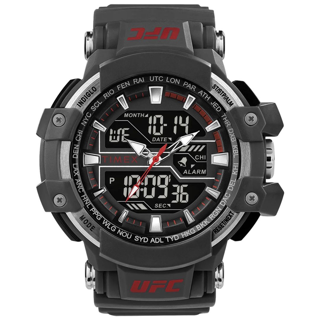 Zegarek Timex z analogowo-cyfrową tarczą w srebrno-szarej kopecie z czerwonymi detalami
