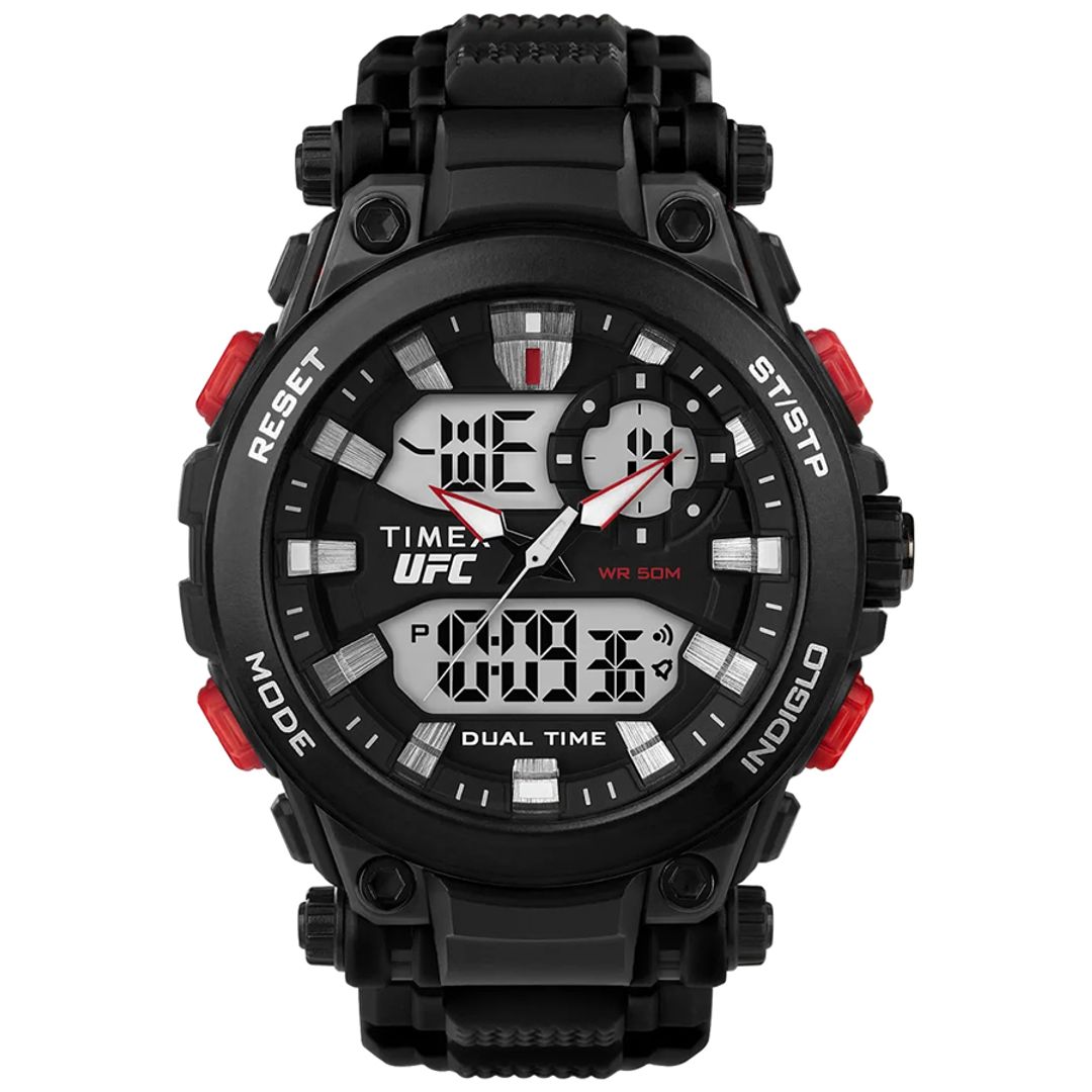 Zegarek Timex z czarną, masywną kopertą z czerwonymi detalami na czarnym pasku