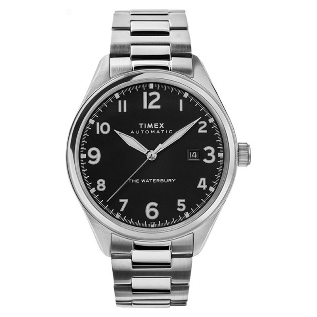 Zegarek Timex z czarną tarczą, jasnymi indeksami, datownik w staloej kopercie ze stalową bransoletą