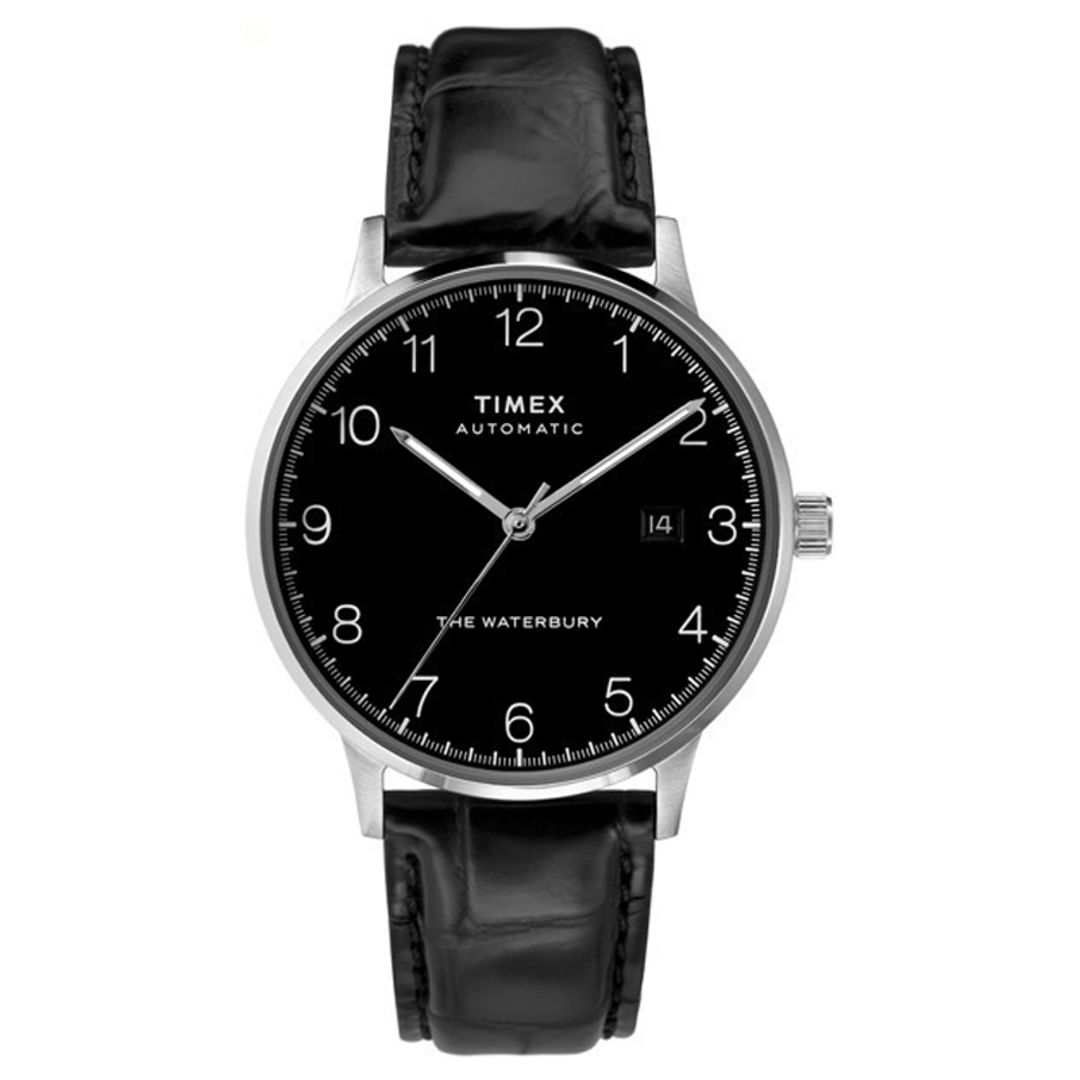 Zegarek Timex z czarną tarczą, wskazówkami z masą luminescencyjną, wyraźnymi cyframi arabskimi, datownik