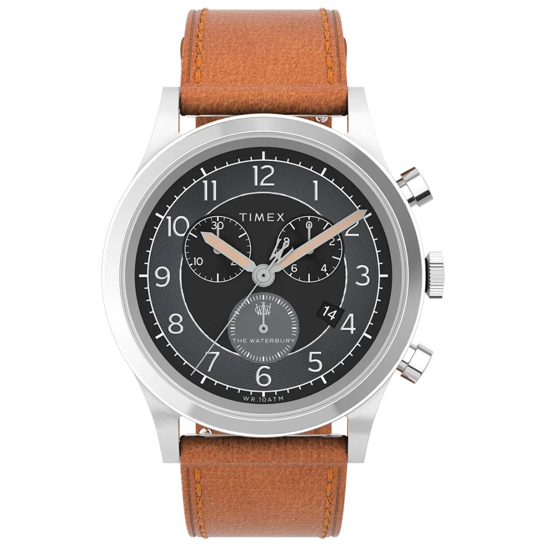Zegarek Timex z czarną tarczą w okrągłej, stalowej kopercie na brązowym, skórzanym pasku