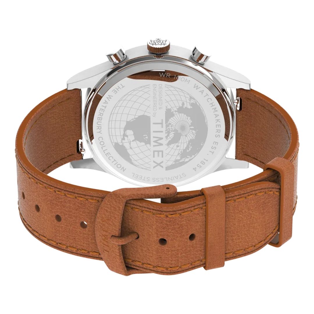 Zegarek Timex z grawerem Ziemi na dekielku oraz brązowym paskiem ze skóry zapinanym na sprzączkę