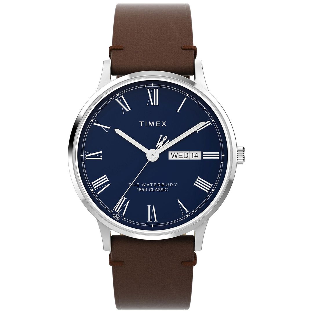 Zegarek Timex z okrągłą, stalową tarczą oraz skórzanym, brązowym paskiem