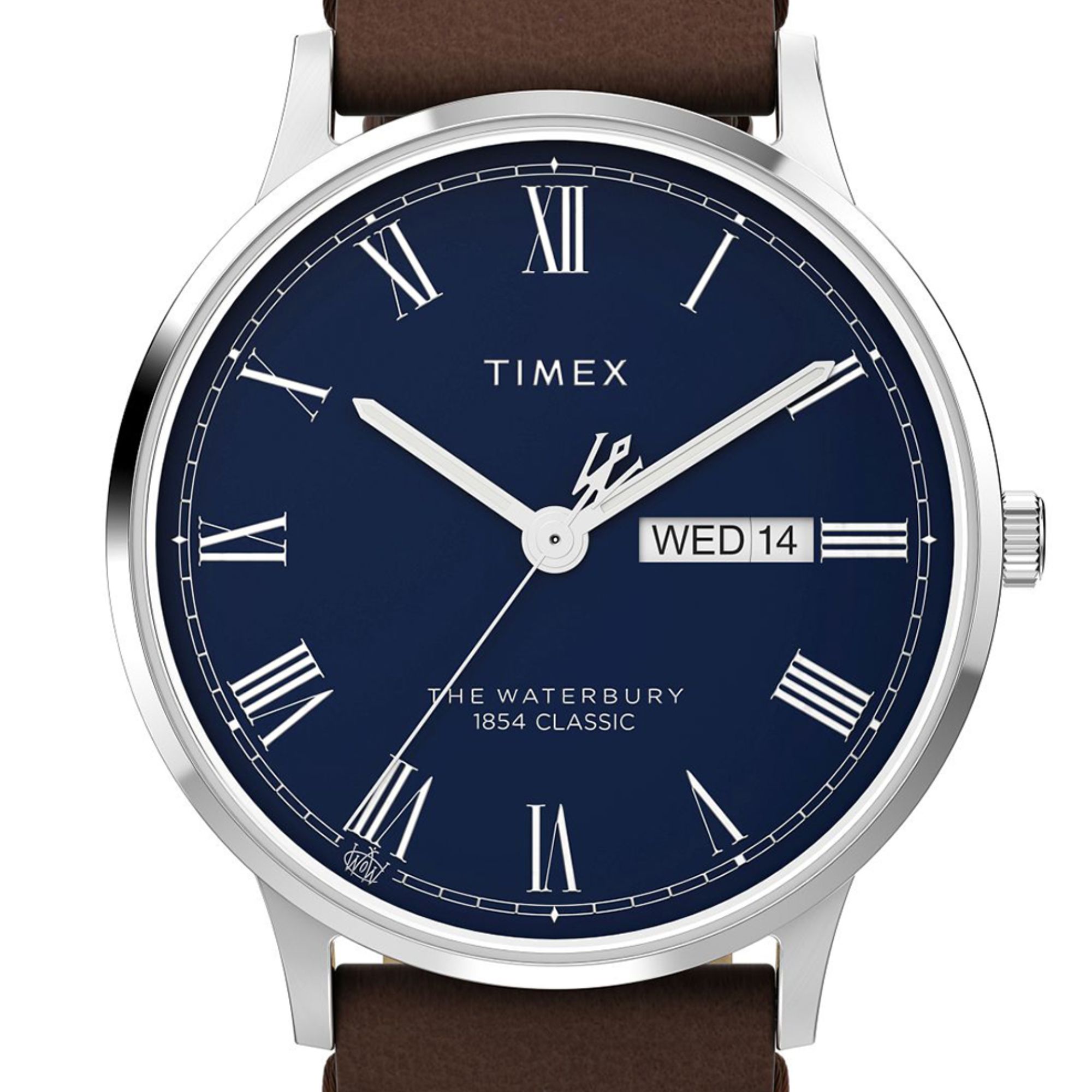 Zegarek Timex z okrągłą kopertą ze stali szlachetnej i granatową tarczą z cyframi rzymskimi oraz datownikiem