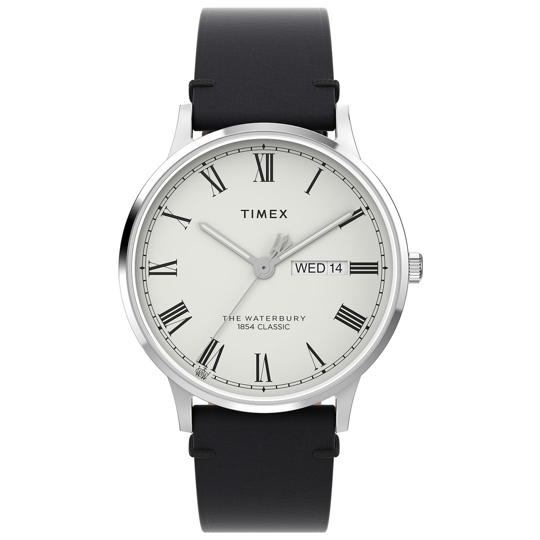 Zegarek Timex z białą kopertą w stalowej, okrągłej kopercie z czarnym, skórzanym paskiem