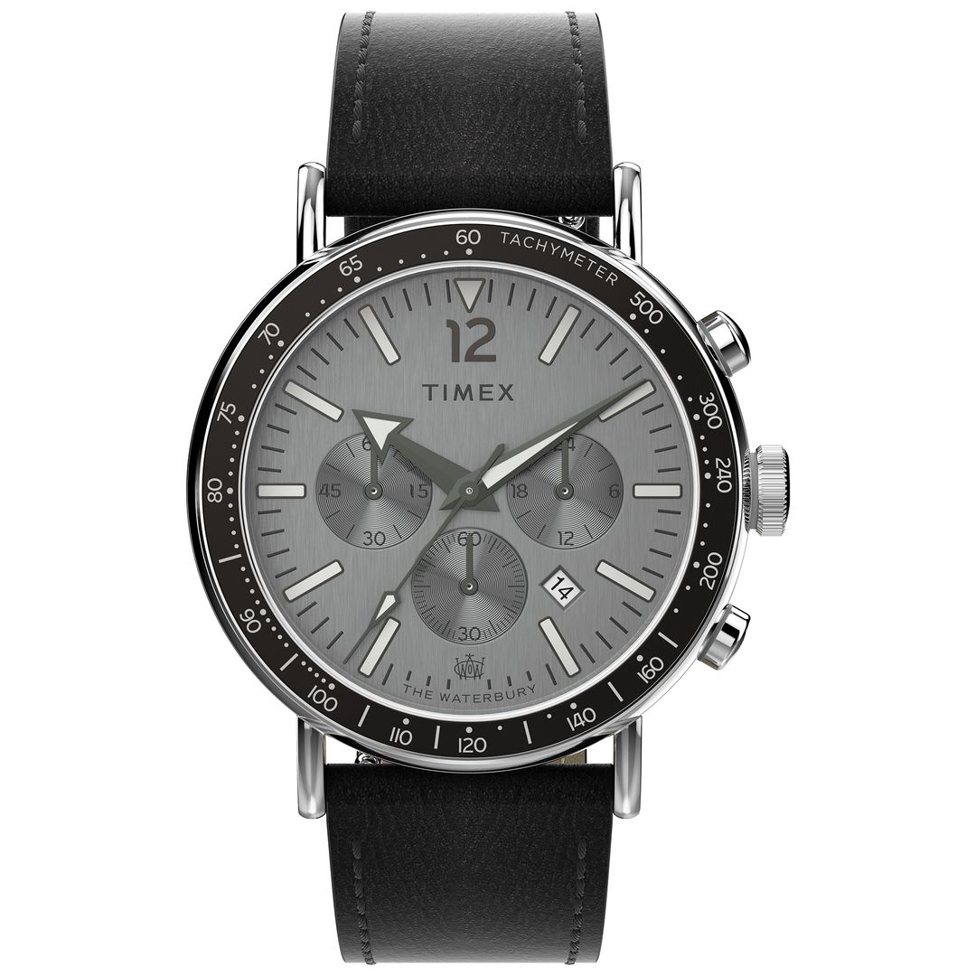 Zegarek Timex z szarą tarczą w okrągłej kopercie na czarnym pasku