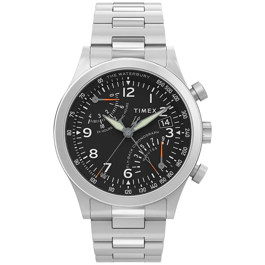 Zegarek Timex z czarną tarczą, pomarańczowymi detalami na wskazówkach i białymi indeksami arabskimi