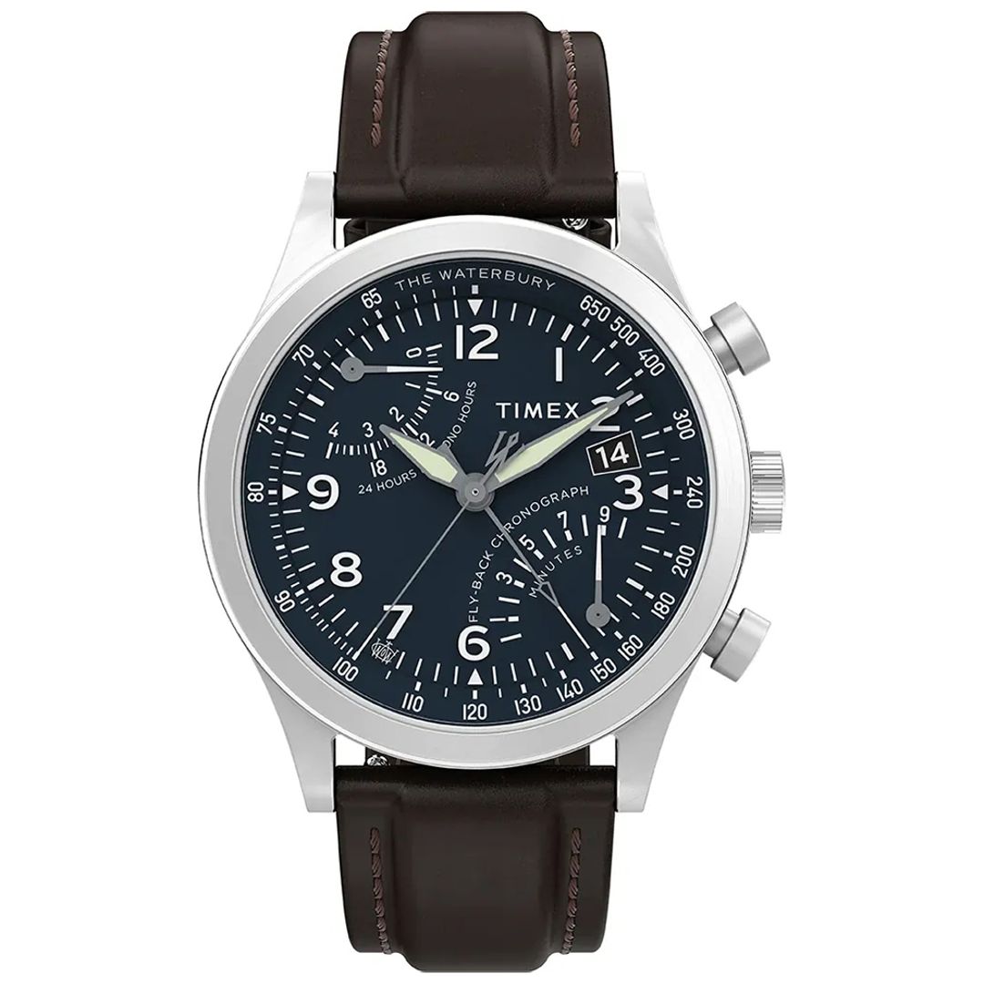 Zegarek Timex ze stalową, okrągłą kopertą i brązowym paskiem ze skóry wegańskiej