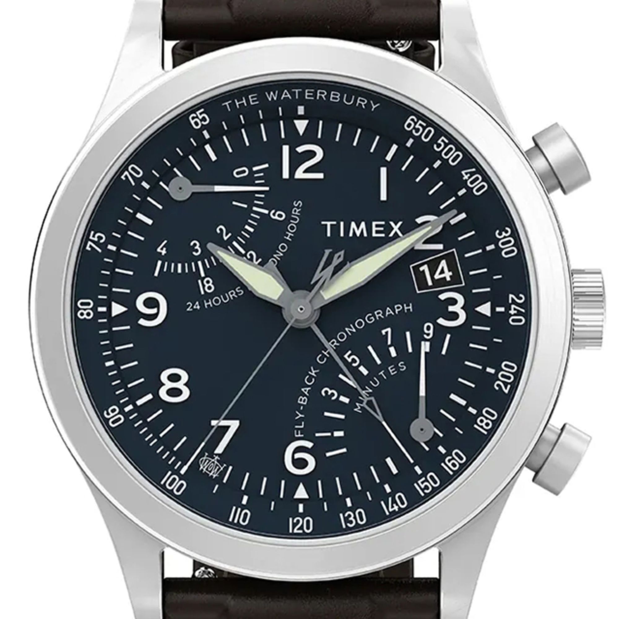 Zegarek Timex z granatową tarczą oraz jasnymi indeksami cyfr arabskich i wskazówkami z powłoką luminescencyjną
