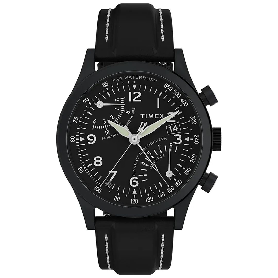 Zegarek Timex w czarnej kolorystyce z białymi indeksami oraz jasnymi wskazówkami 