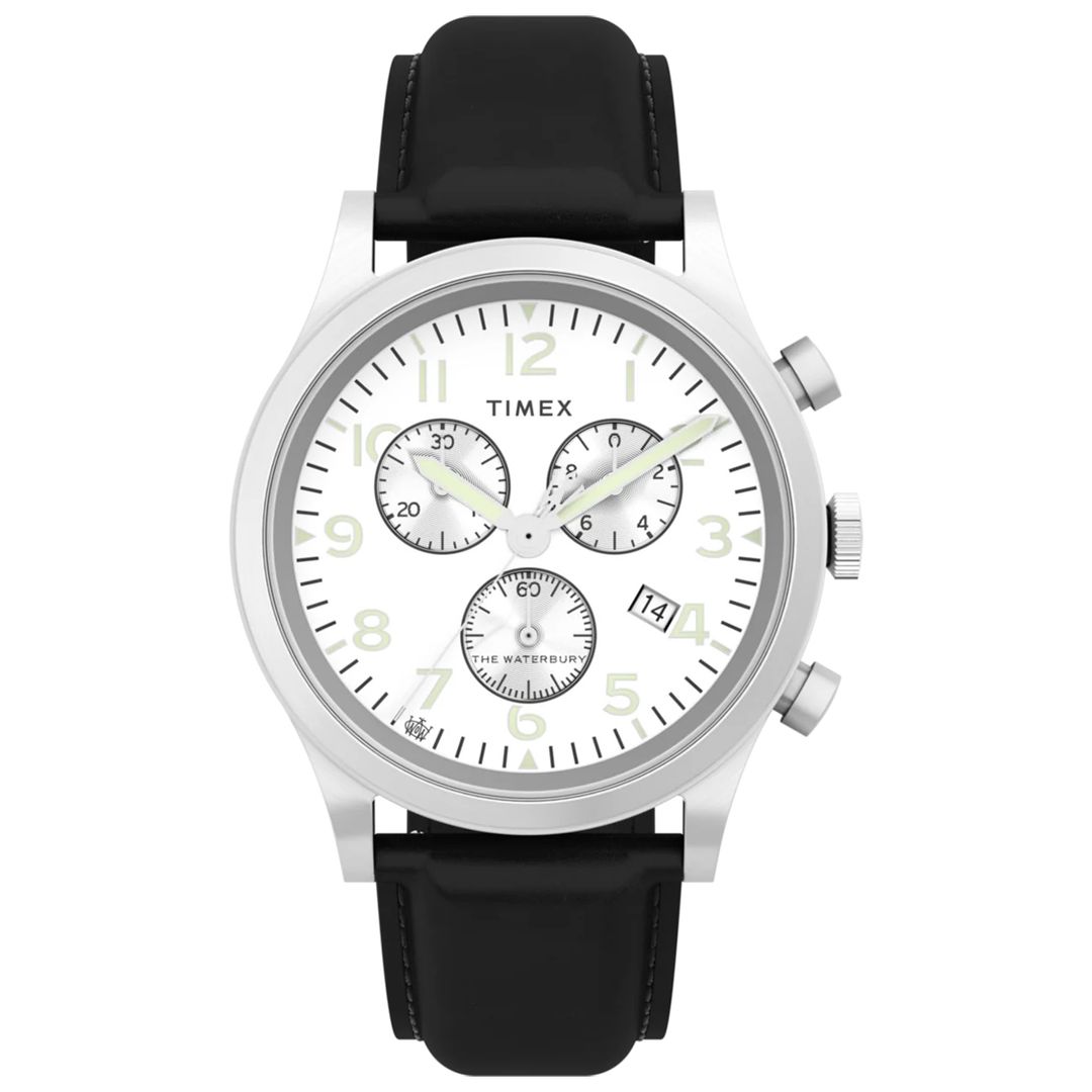 Zegarek Timex z subtarczami chronografu oraz indeksami i wskazówkami pokrytymi masą luminescencyjną oraz czarnym, skórzanym paskiem