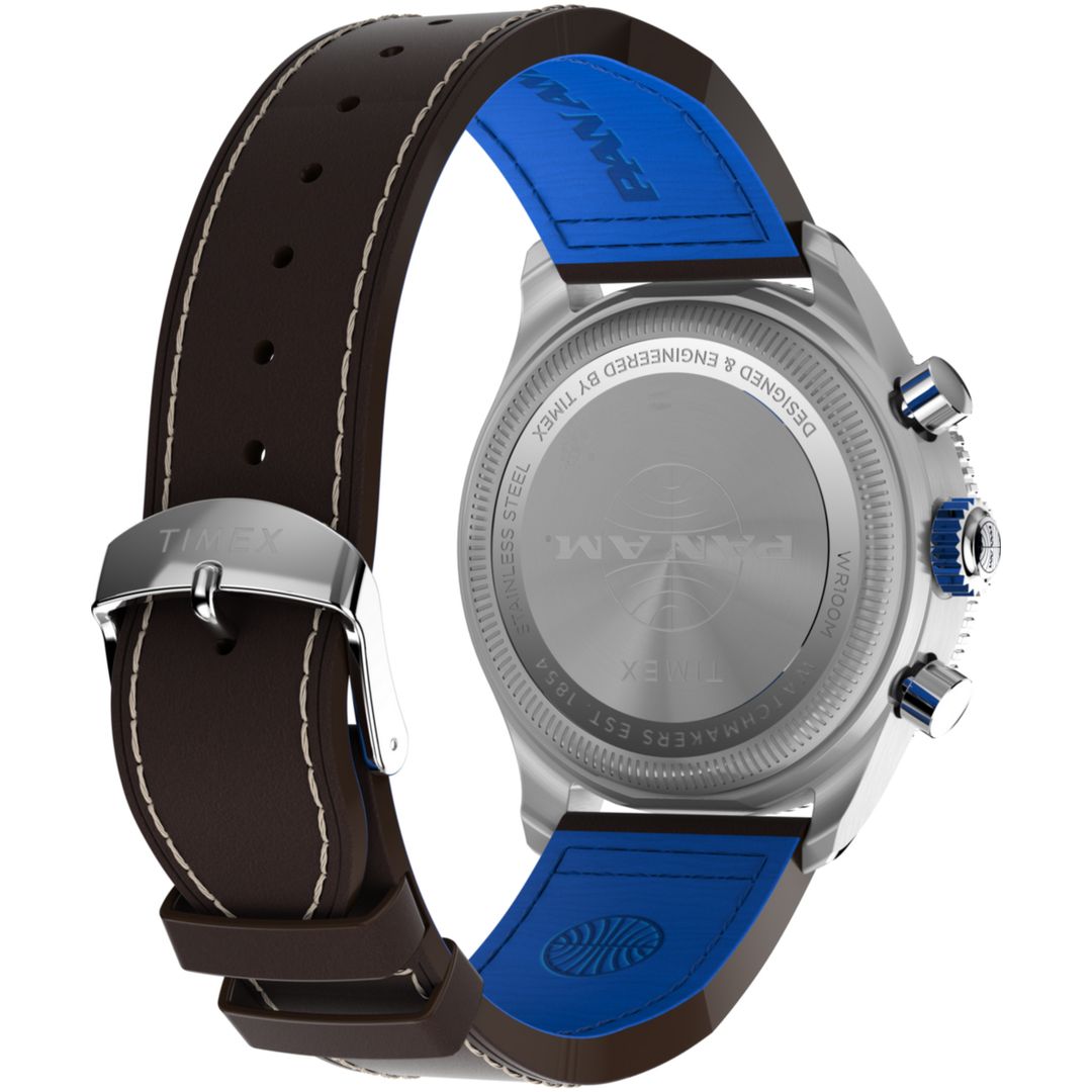 Zegarek męski Timex na brązoywm, skórzanym pasku z niebieską podszywką oraz zapięciem na sprzączkę