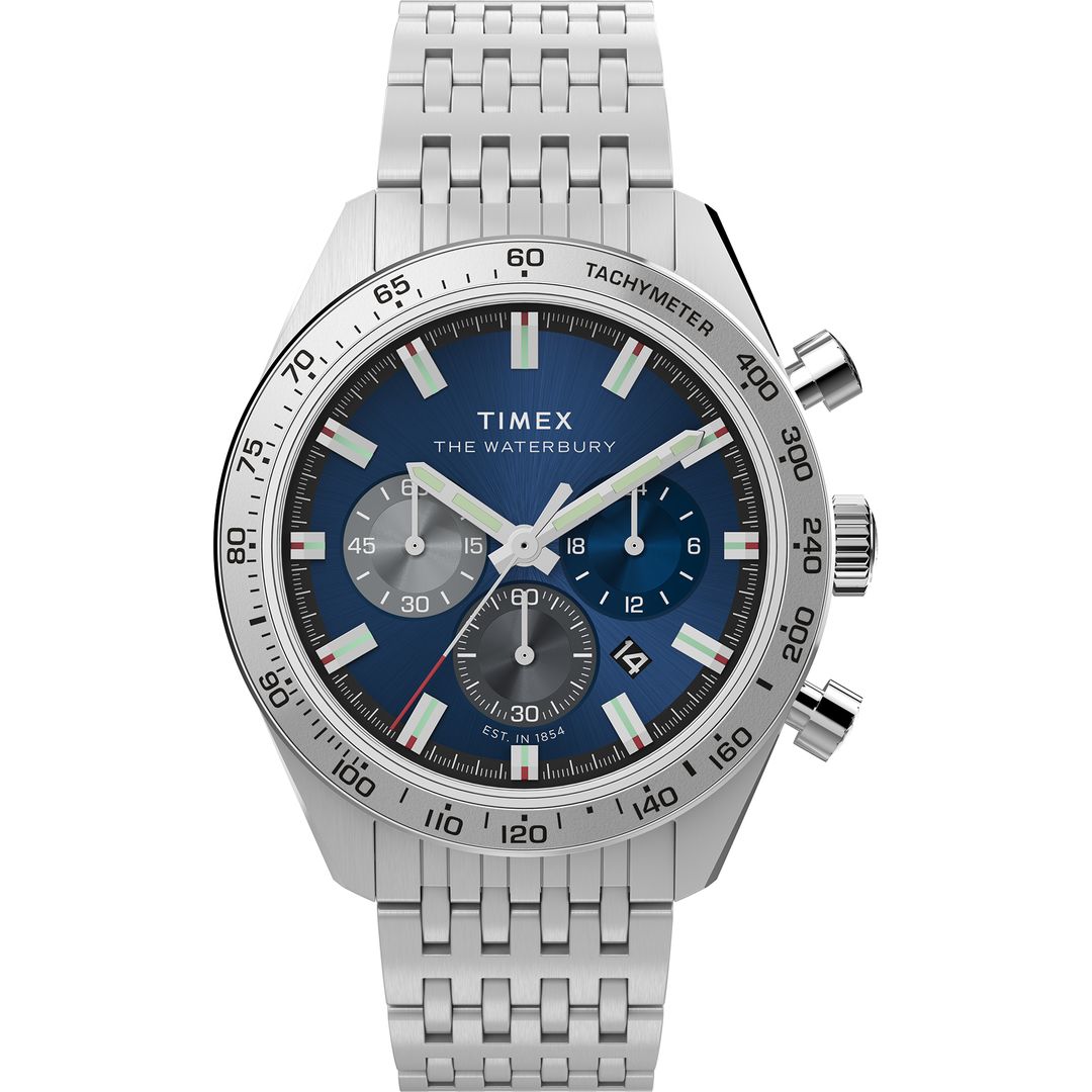 Zegarek Timex z niebieską tarczą ze szlifem słoneczym oraz stalową kopertą z bezelem tachometru