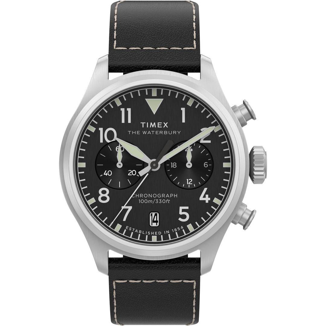 Zegarek Timex z czarną tarczą w okrągłej, stalowej kopercie na czarnym, skórzanym pasku