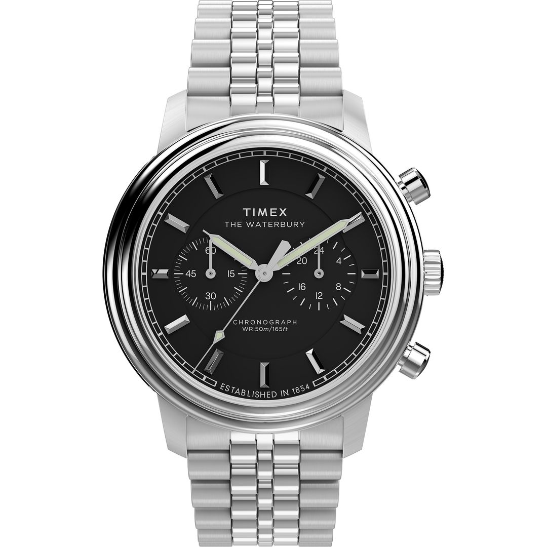 Zegarek Timex z czarną tarczą ze srebrnymi indeksami oraz wskazówkami z powłoką luminescencyjną