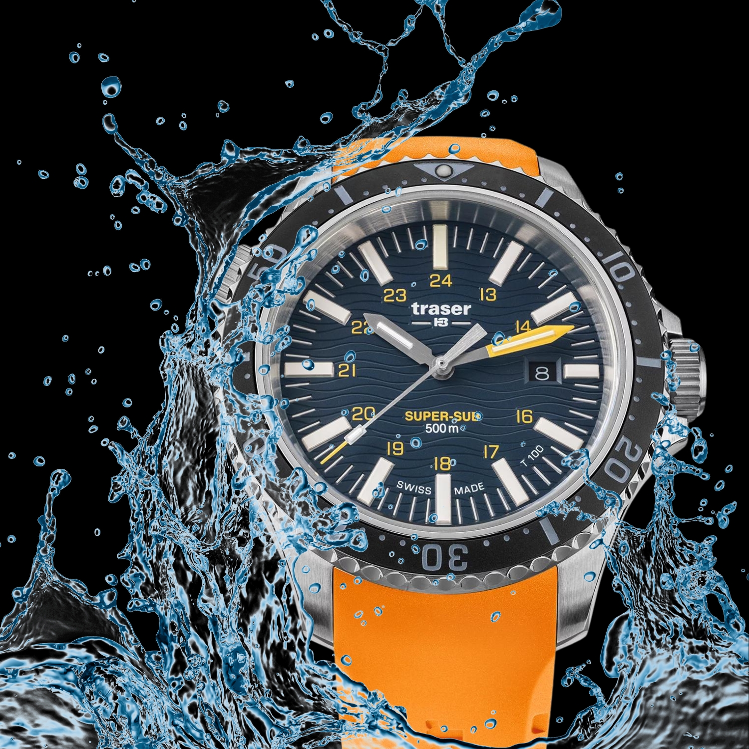 Zegarek Traser P67 SuperSub Diver Blue T100 Orange Rubber Strap TS-109371 v3 z tarczą ozdobioną wzorem morskich fal