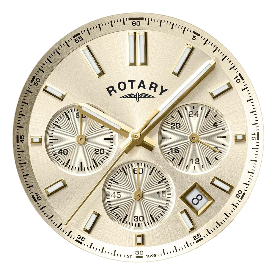 Trzy subtarcze chronografu na kremowej tarczy zegarka Rotary Heritage Chronograph RGS10071/03