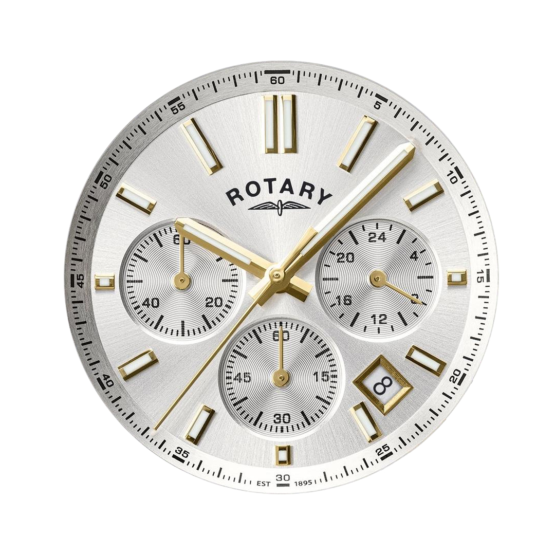 Trzy subtarcze na białej tarczy sunray zegarka Rotary Heritage Chronograph RGS10072/70