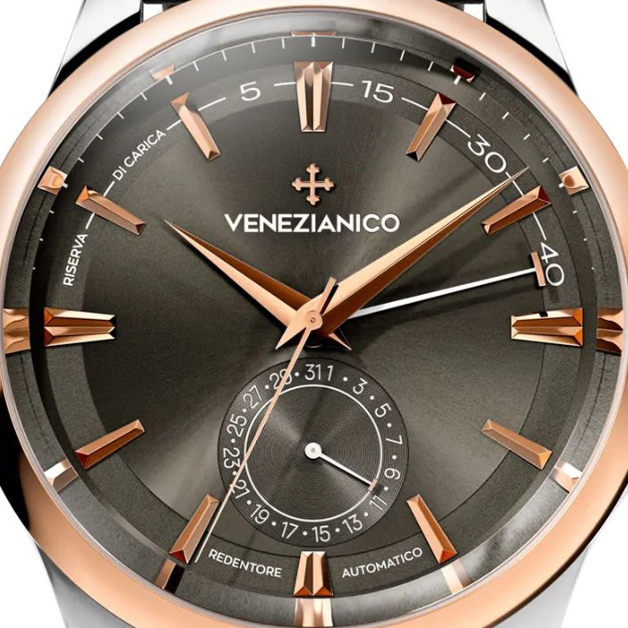 Venezianico 1321505 zegarek z szarą tarczą z subtarczą datownika, szlifem słonecznym oraz indeksami i wskazówkami z powłoką luminescecnyjną