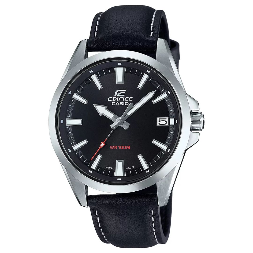 zegarek męski Casio Edifice z czarną tarczą i skórzanym paskiem