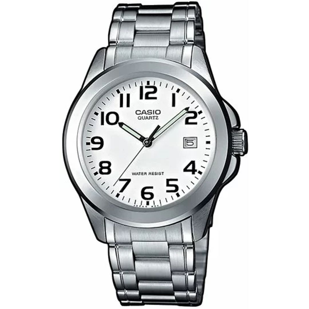 zegarek męski Casio na stalowej bransolecie z białą tarczą i datownikiem
