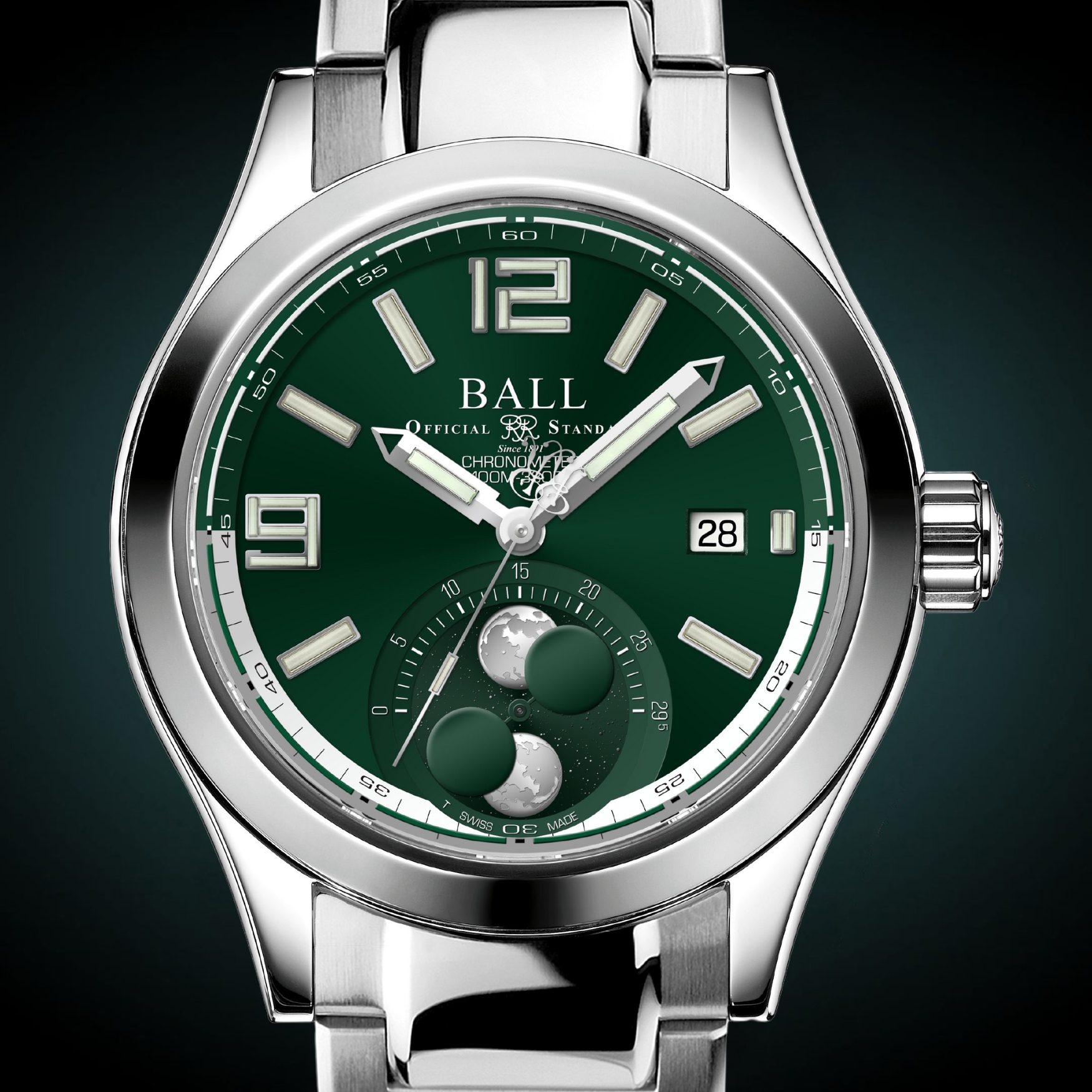 Męski zegarek na bransolecie stalowej z podwójnym wskazaniem faz księżyca Ball Engineer II Moon Phase Chronometer 41 mm NM2282C-S1C-GR