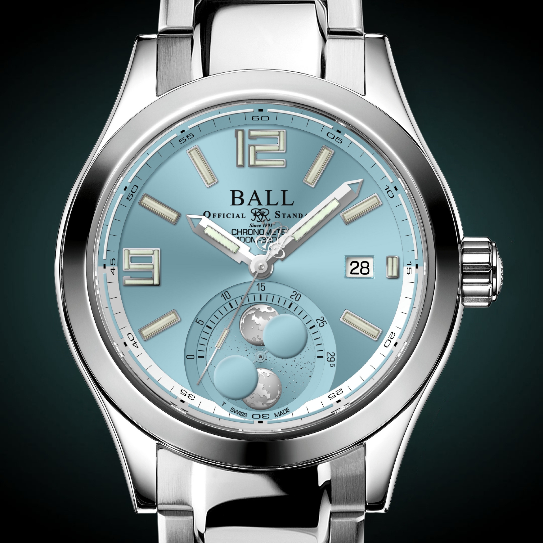 Męski zegarek na bransolecie stalowej z podwójnym wskazaniem faz księżyca Ball Engineer II Moon Phase Chronometer 41 mm NM2282C-S1C-IBE 