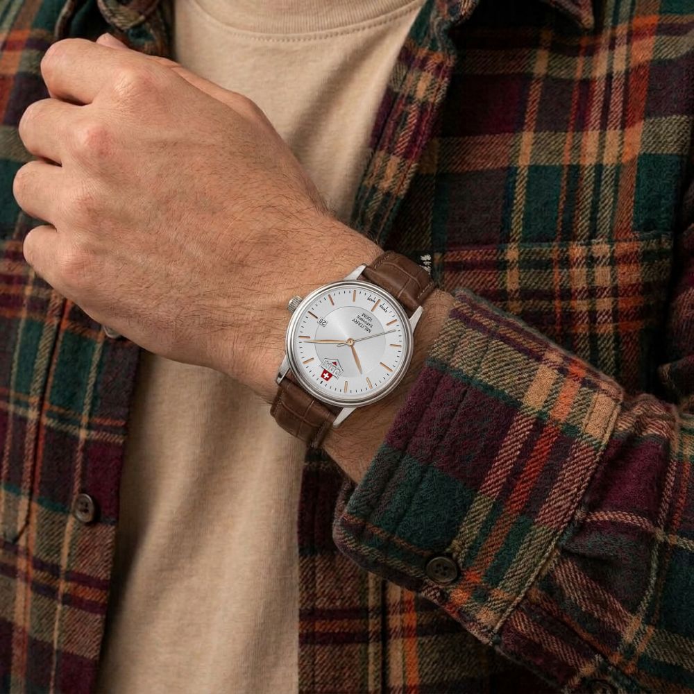 Elegancki zegarek JDM Military na nadgarstku mężczyzny w koszuli
