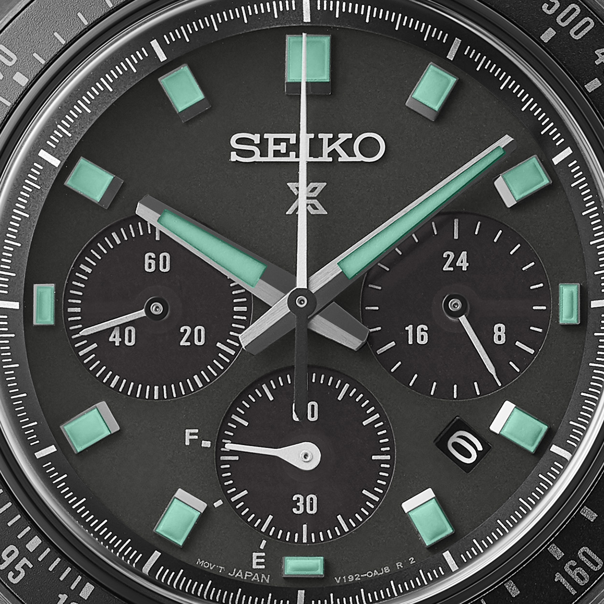 Zbliżenie na tarczę Seiko Speedtimer z trzema subdialami