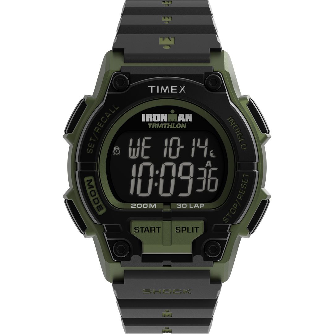 Zegarek marki Timex z cyfrowym wyświetlaniem godziny oraz czarno-zieloną kopertą