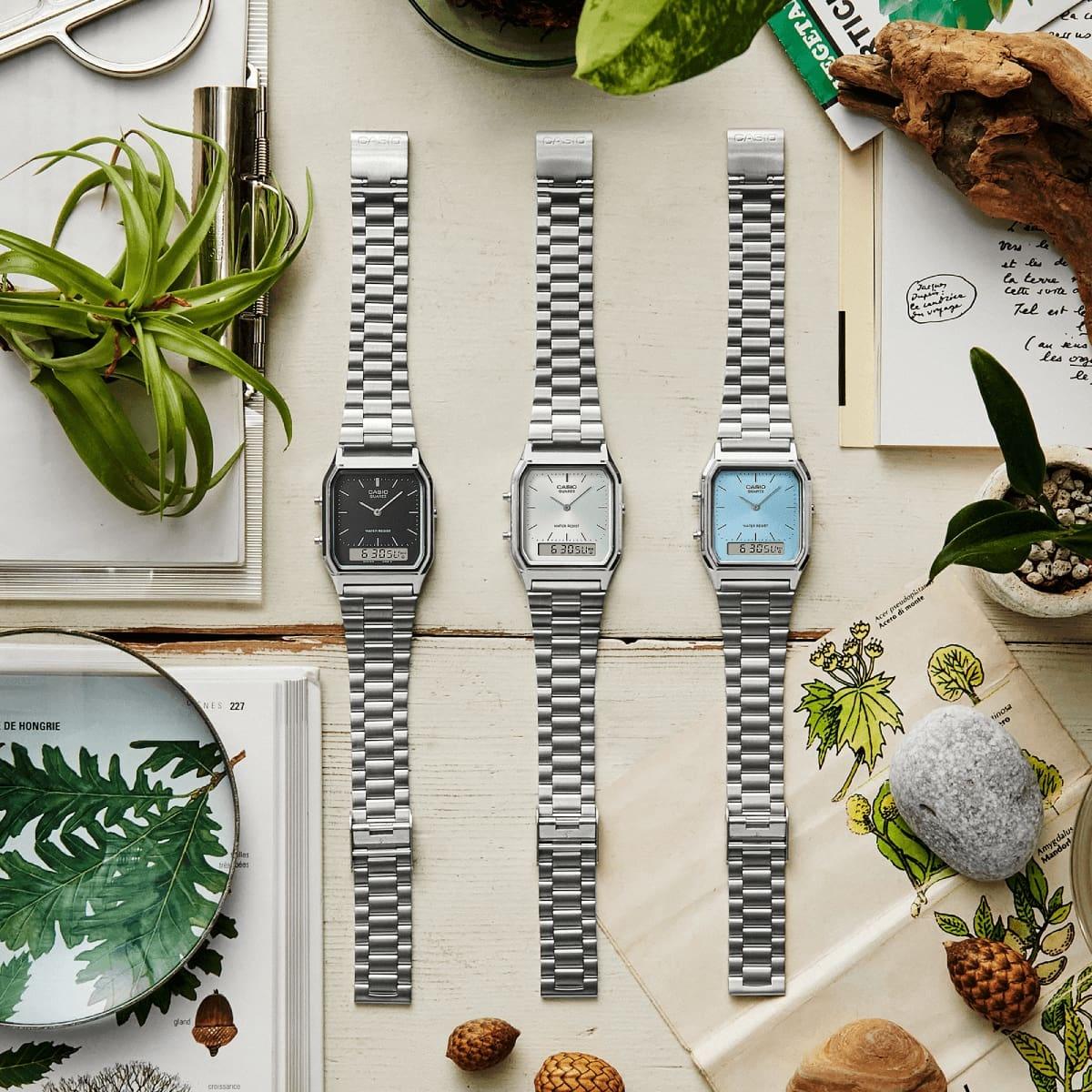  Zegarki Casio AQ-230 w czarnym, białym i niebieskim kolorze