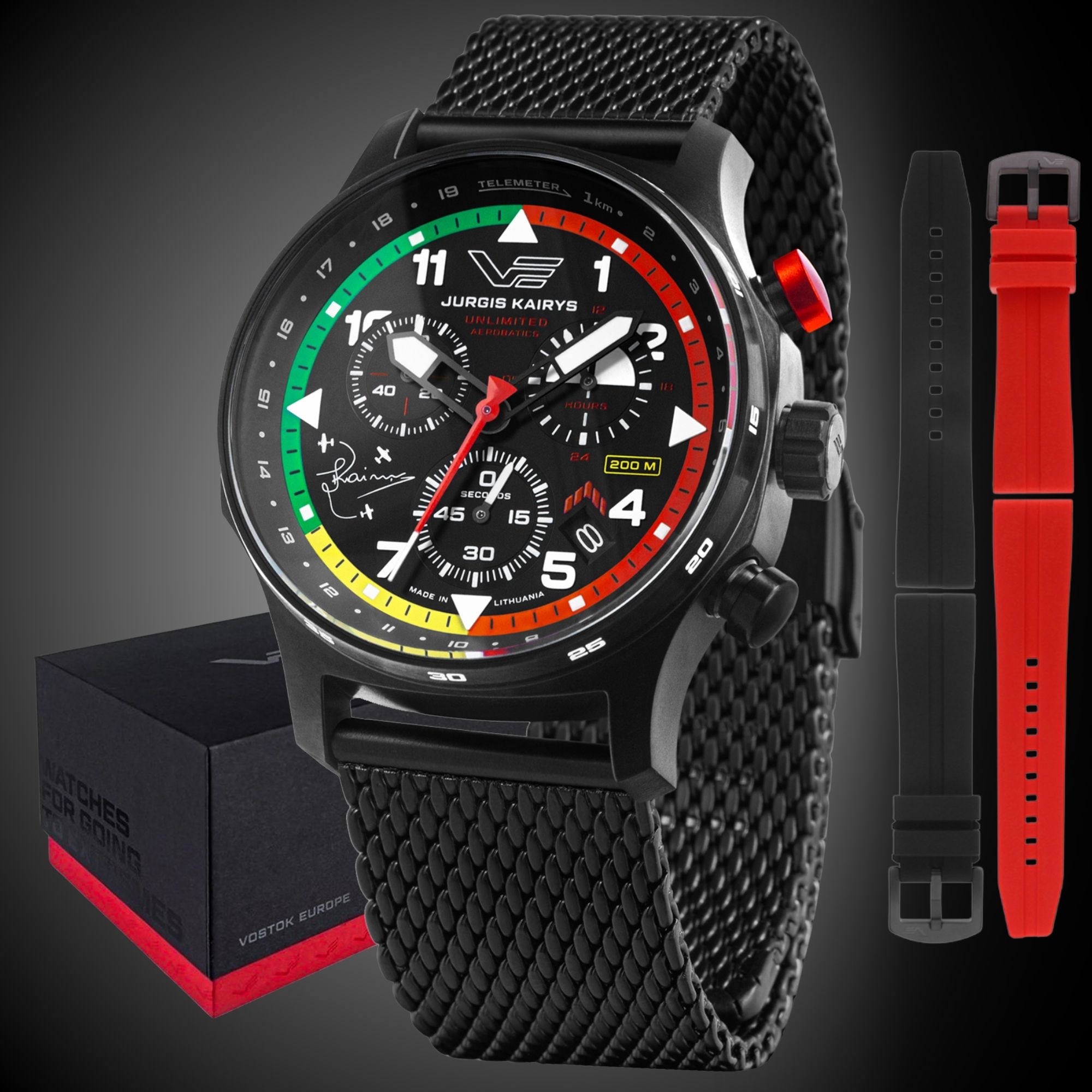 zestaw Zegarek Vostok Europe Expedition Jurgis Kairys 2025 VK68 592C775 z czerwonym oraz czarnym paskiem i bransoletą mediolańską