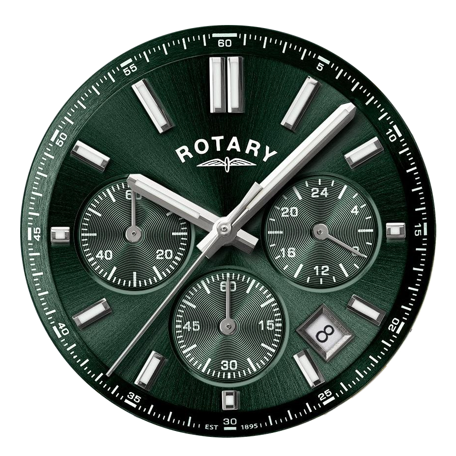 Zielona tarcza sunray z zielonymi subtarczami zegarka Rotary Heritage Chronograph RGB10069/24