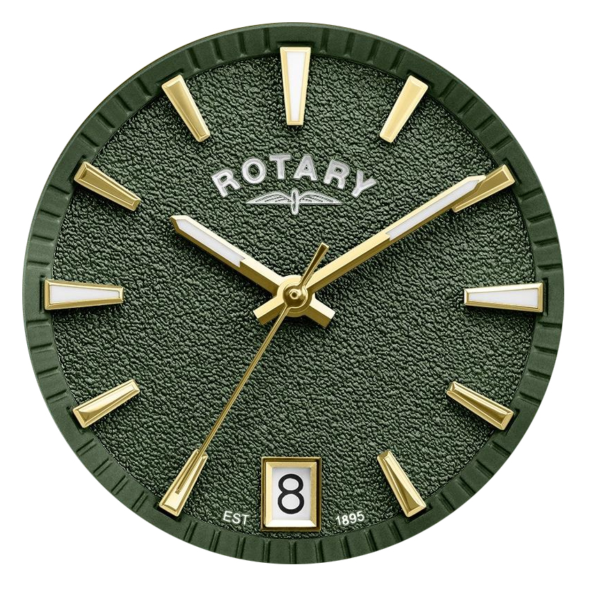 Zielona tarcza w złotej kopercie zegarka Rotary RLB10016/24