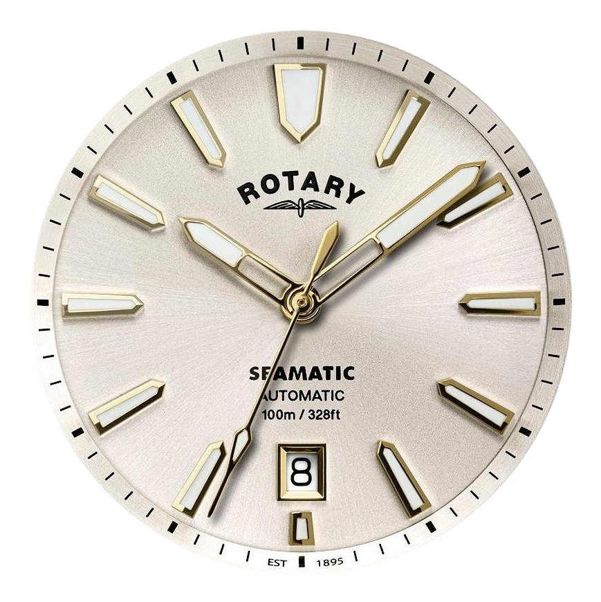 Złota koperta i biała tarcza zegarka Rotary Seamatic 100 RGB10036/06