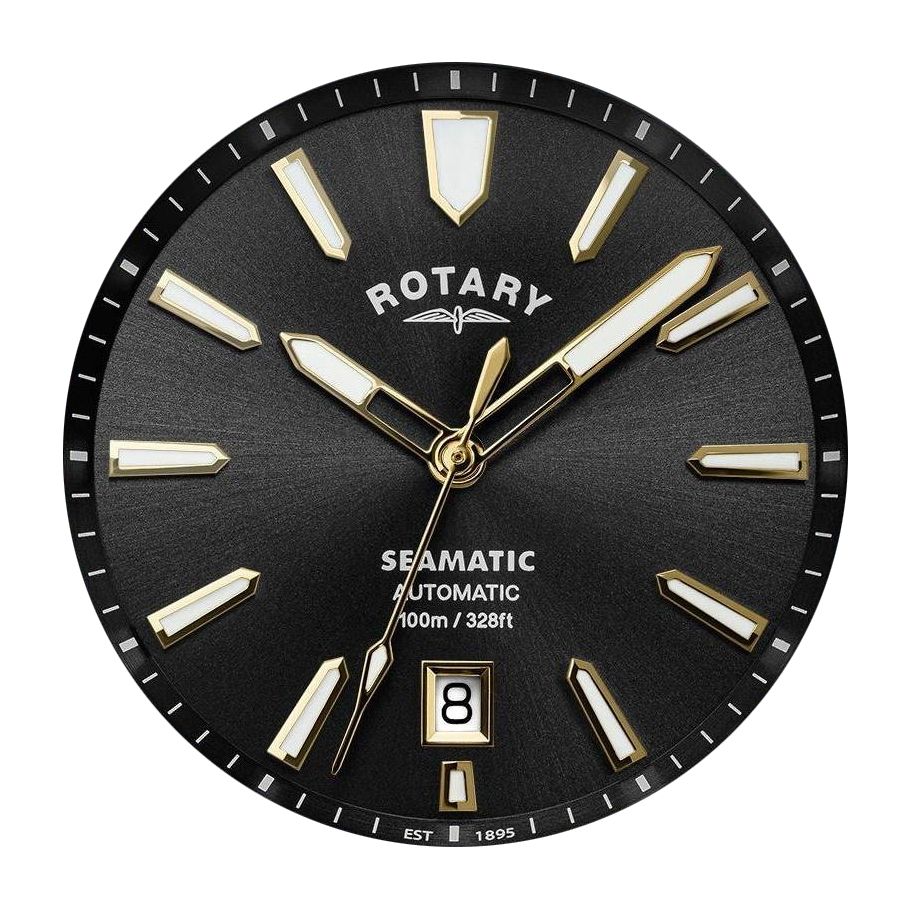 Złota koperta i czarna tarcza zegarka Rotary Seamatic 100 RGB10038/04