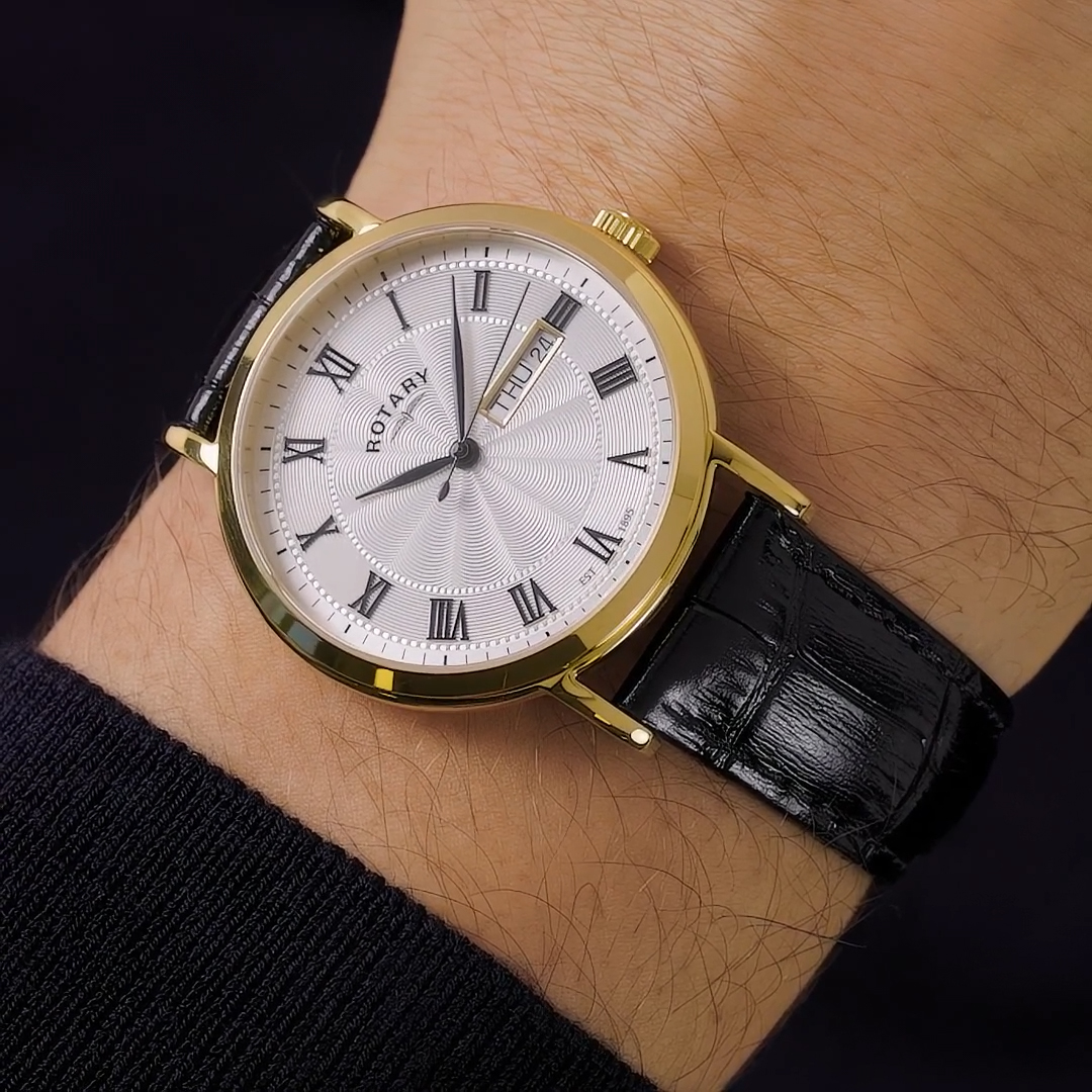 Złota koperta i czarny pasek zegarka Rotary Windsor GS05423/01