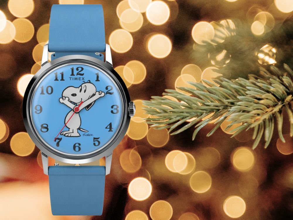 zegarek Timex z Snoopy na niebieskiej tarczy i niebieskim pasku