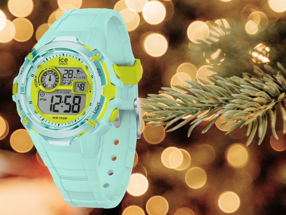 zegarek dziecięcy Ice Watch w kolorze miętowym z żółtymi akcentami i cyfrowym wyświetlaczem
