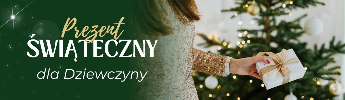 prezent świąteczny dla dziewczyny, białe pudełko z prezentem i złotą wstążką na tle choinki