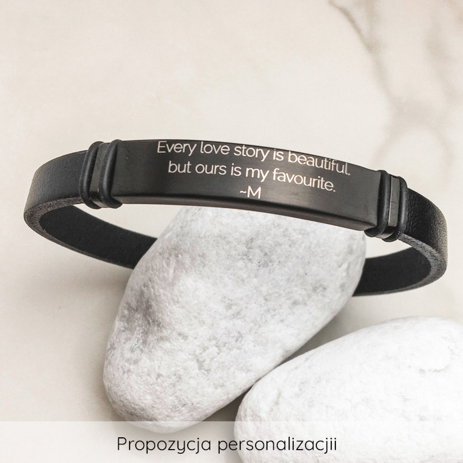 biżuteria Manoki BA888BBM Czarna męska bransoletka do grawerowania stal i skóra