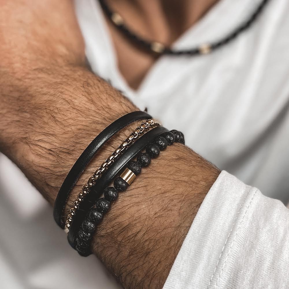 biżuteria Manoki BA903G Męska bransoletka lawa wulkaniczna złoty beads ze stali szlachetnej